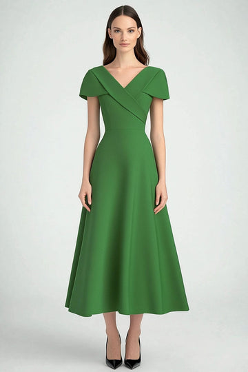 Green V-Neck A Line Formal Dress with Short Sleeves